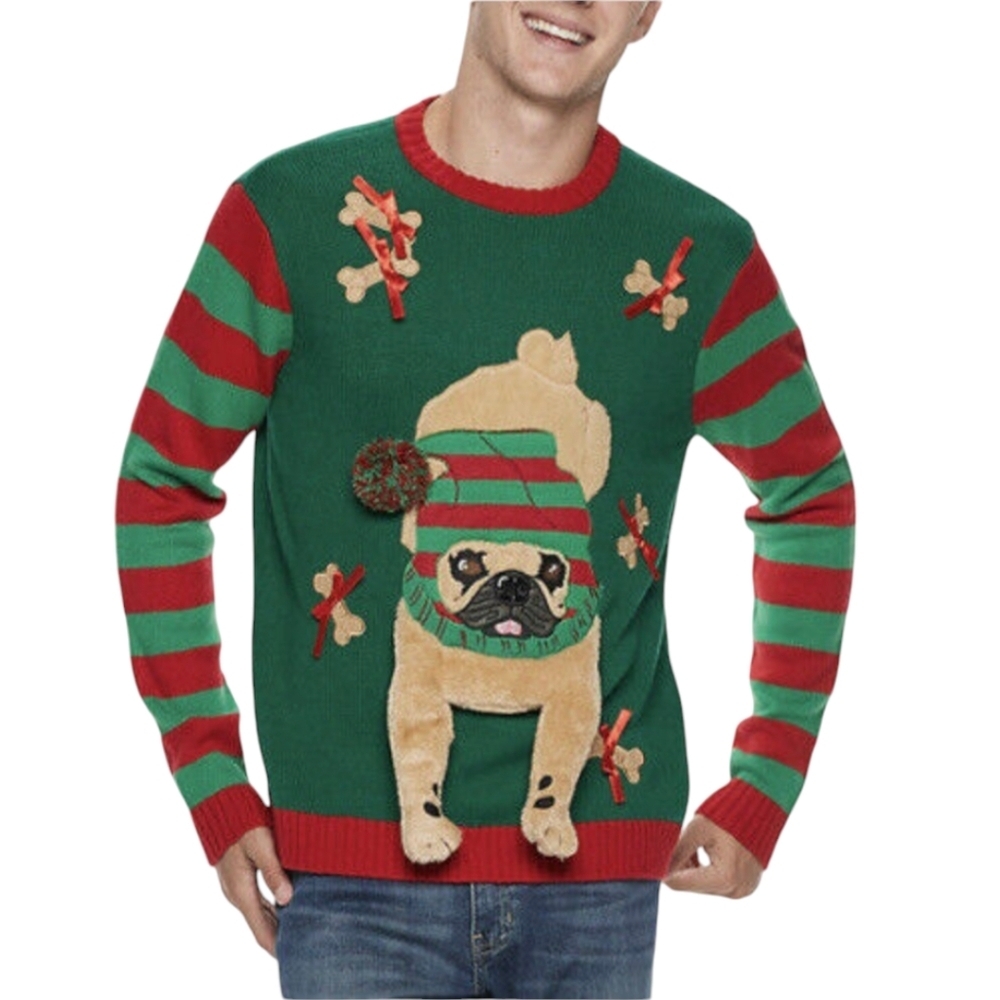 Ugly Christmas Sweater Men's Santa Helper Pug 3D Elf Holiday Party‎ Knit Sz S